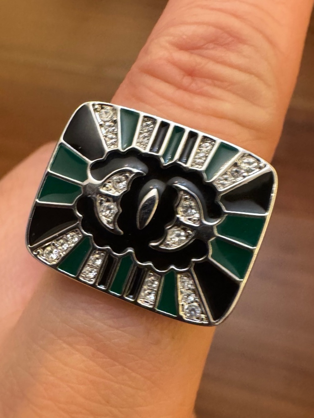 Brand New Classic Chanel CC Logo Multi Color Enamel & Crystal Ring Size 6.5